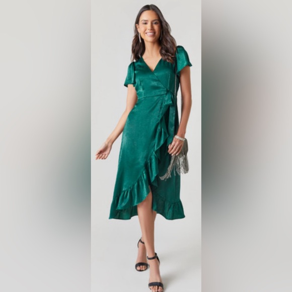 Francesca's Collections | Dresses | Audrey Parks X Francescas Emerald Green  Satin Wrap Dress Xs Flutter Sleeve | Poshmark